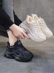 Zapatillas deportivas multifuncionales de mujer , Zapatillas deportivas de mujer , Zapatillas deportivas de PU , Zapatillas para correr de suela gruesa con aumento de altura , Zapatillas deportivas de plataforma de mujer cómodas y a la moda - Negro - Ver 6