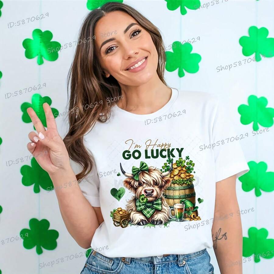 2025 New St Patrick's Day Wo's T-Shirt Cute Mountain Cattle Beer Green Cloverprint Short Sve Casual Ladies Festival Shirt - White - View 1