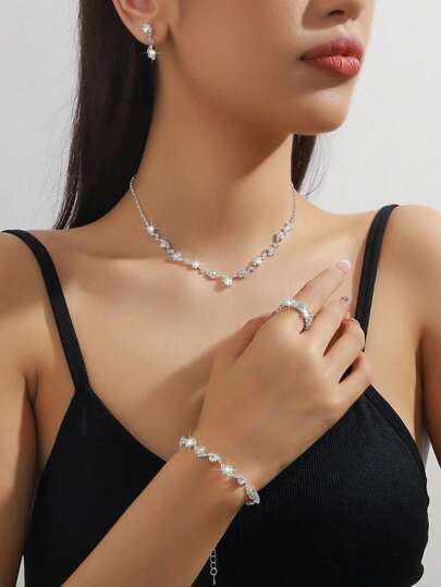 5 件简约优雅女士首饰套装：项链、耳环、手链、戒指、水晶装饰，适合新娘、婚纱、派对、生日礼物
