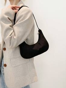 1 件时尚女士新月单肩包，轻便纯色斜挎包，百搭休闲手提包 - 黑色 - 查看 3