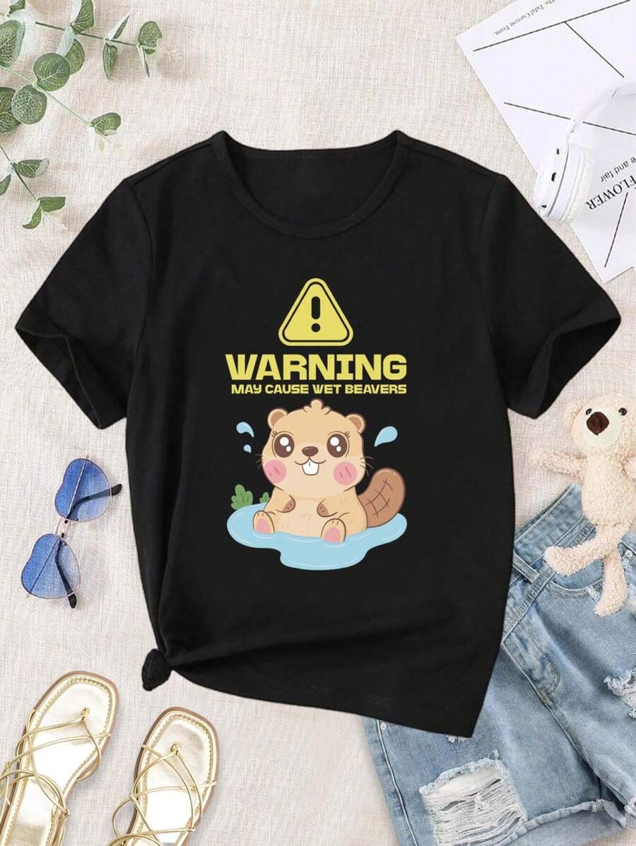 Queen Beaver T-Shirt Warning! May Cause Wet Beavers - Cute Kawaii Yellow Cartoon Baby Animal Tee For Ladies