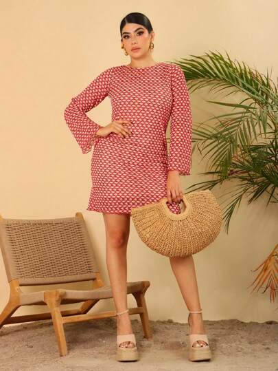 Vestido con abertura en espalda, crochet de manga recta para mujeres para playa, vacaciones, fiesta, cita.