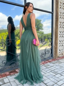 LONG PARTY DRESS FOR GODMOTHER WEDDING NECKLINE WATERFALL SKIRT - Olive Green - View 2