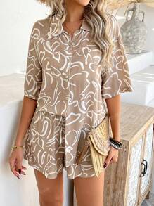 PoPoHouse Women's Two Pieces Summer Outfits Bohemian Holiday Casual Fashion Floral Short-Sleeved Shirt And Shorts Set