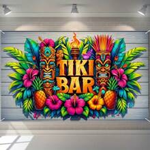 1 Vibrant Tiki Bar Tropical Floral And Totem Design Banner - Hawaiian Beach-Themed Backdrop Perfect For Party Decorations, Photo Booths, Outdoor And Garden Events