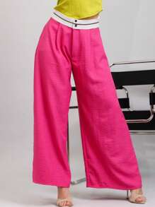 Striped Waistband Wide Leg Pants - Pink - View 1