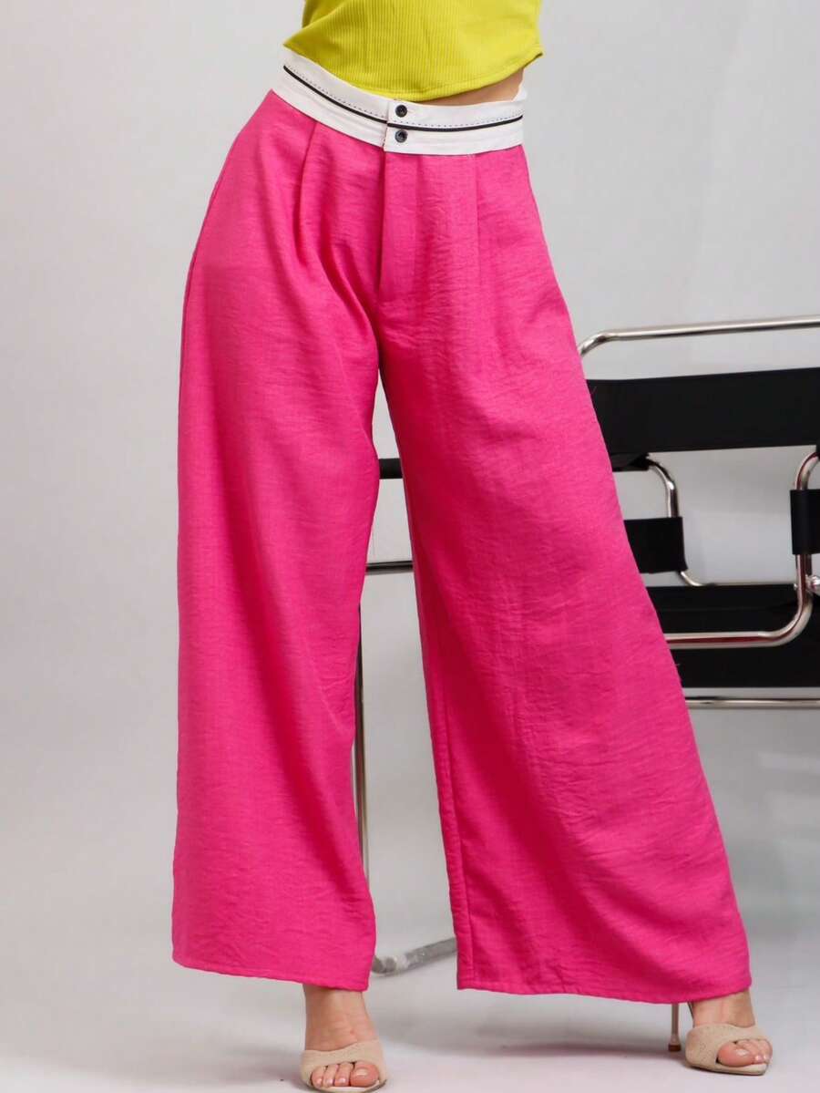 Striped Waistband Wide Leg Pants - Pink - View 1