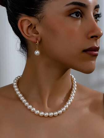 3 件/套优雅白色亮面项链婚礼配饰、新娘礼服搭配、奢华度假风格日常佩戴耳环项链套装