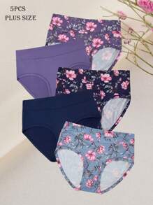Set de 5 bragas cómodas y transpirables de talla grande con estampado de flor de loto y unicolor, cintura alta - Multicolor - Ver 1