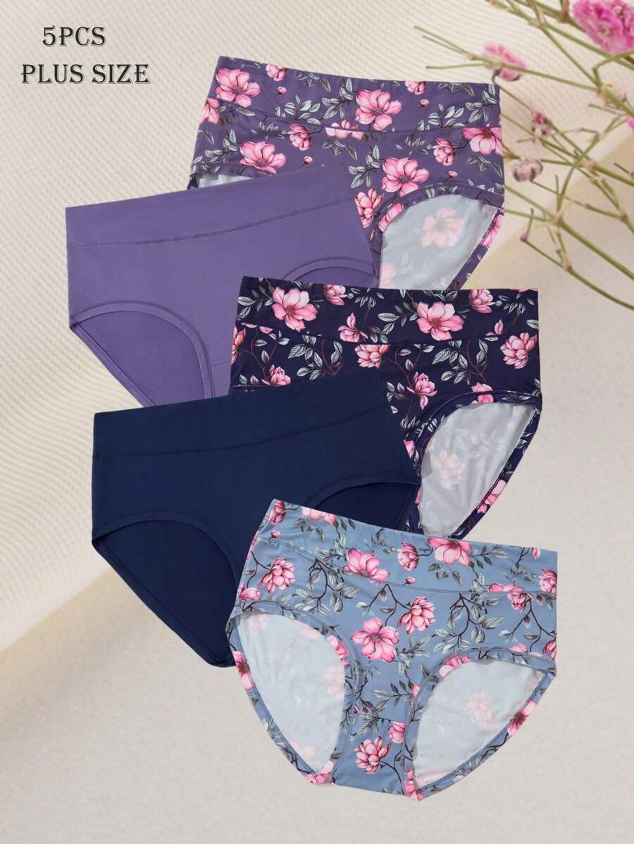 Set de 5 bragas cómodas y transpirables de talla grande con estampado de flor de loto y unicolor, cintura alta - Multicolor - Ver 1