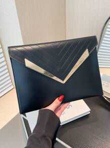 1pc Black Metallic Hardware Decor Plain Color PU Embossed Women Envelope Clutch Bag, Fall/Winter - Black - View 1