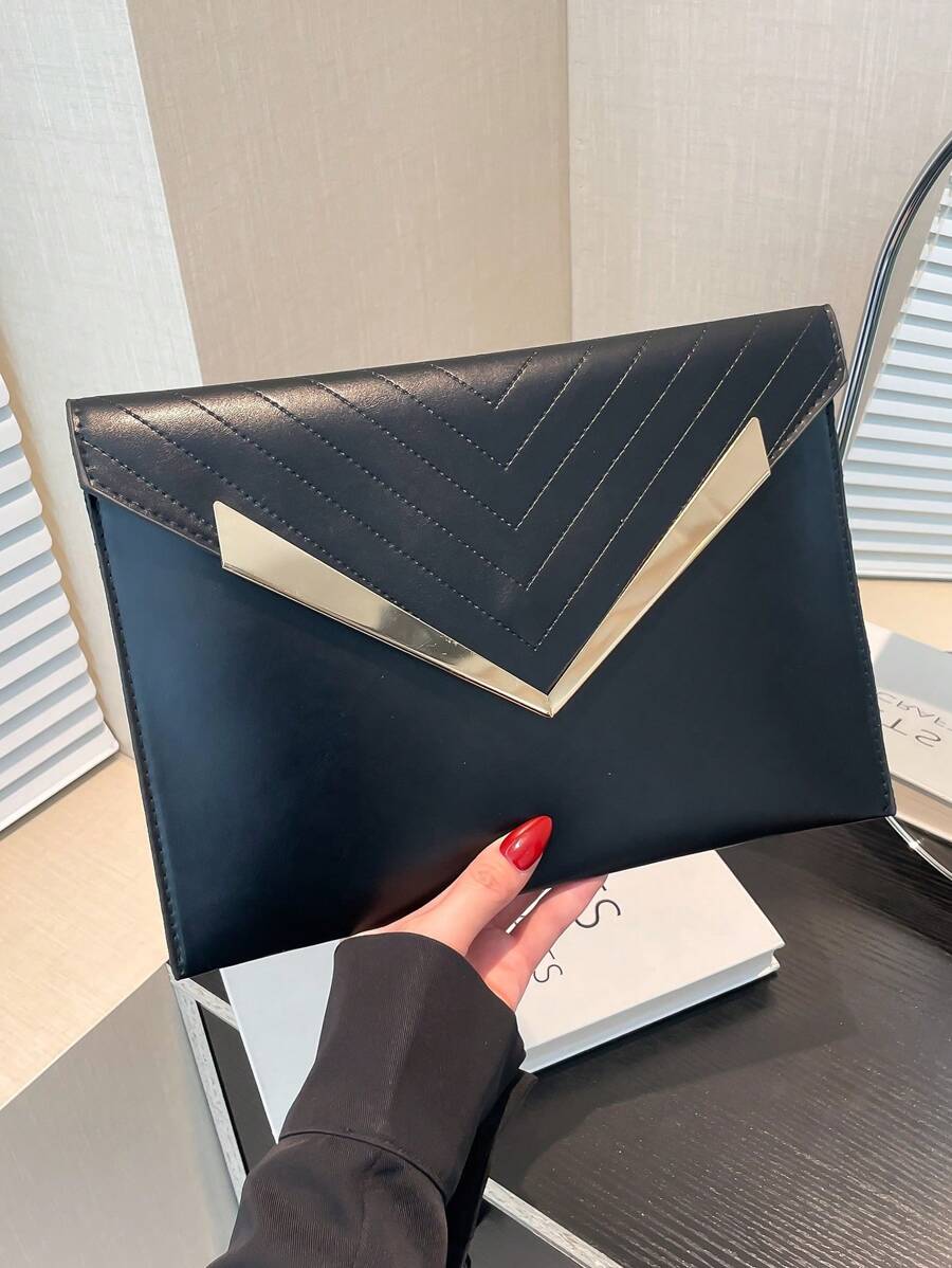 1pc Black Metallic Hardware Decor Plain Color PU Embossed Women Envelope Clutch Bag, Fall/Winter - Black - View 1