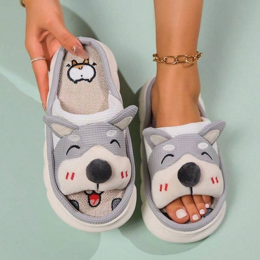 Cuatro estaciones de cáñamo zapatillas de fondo, sin talón de diseño, el perro de dibujos animados de fondo grueso cálido zapatillas de interior, tanto hombres como mujeres, adecuado para el dormitorio del estudiante, las parejas de desgaste, el diseño versátil. - Gris - Ver 1