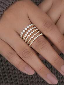 ESBERRY 1pc 1.5-2mm Round Cut Wedding Band Ring, Half Eternity Diamond Engagement Ring, Stackable, Single Claw Set - Gold - View 4