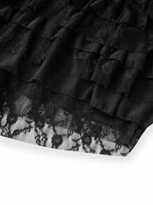 Women Ruffle Lace Shorts Bloomers Summer Casual Layered Tiered Pleated Slim Fit Floral Lace Trim Shorts - màu đen - Xem 7