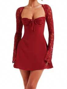 Women Lace Mini Dress Y2K Low-Cut Tie Up Lace Sheer Long Sleeve Backless Party Short Cami Dresses - 紅色 - 查看 2