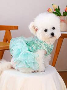 PETCIRCLE 1pc Pet Clothes Small Dog Puppy Cute Pet Multi-Layer Tulle Tutu Dress Sequin Bow Dreamy Fairy Wedding Dress - Green - Green - View 4