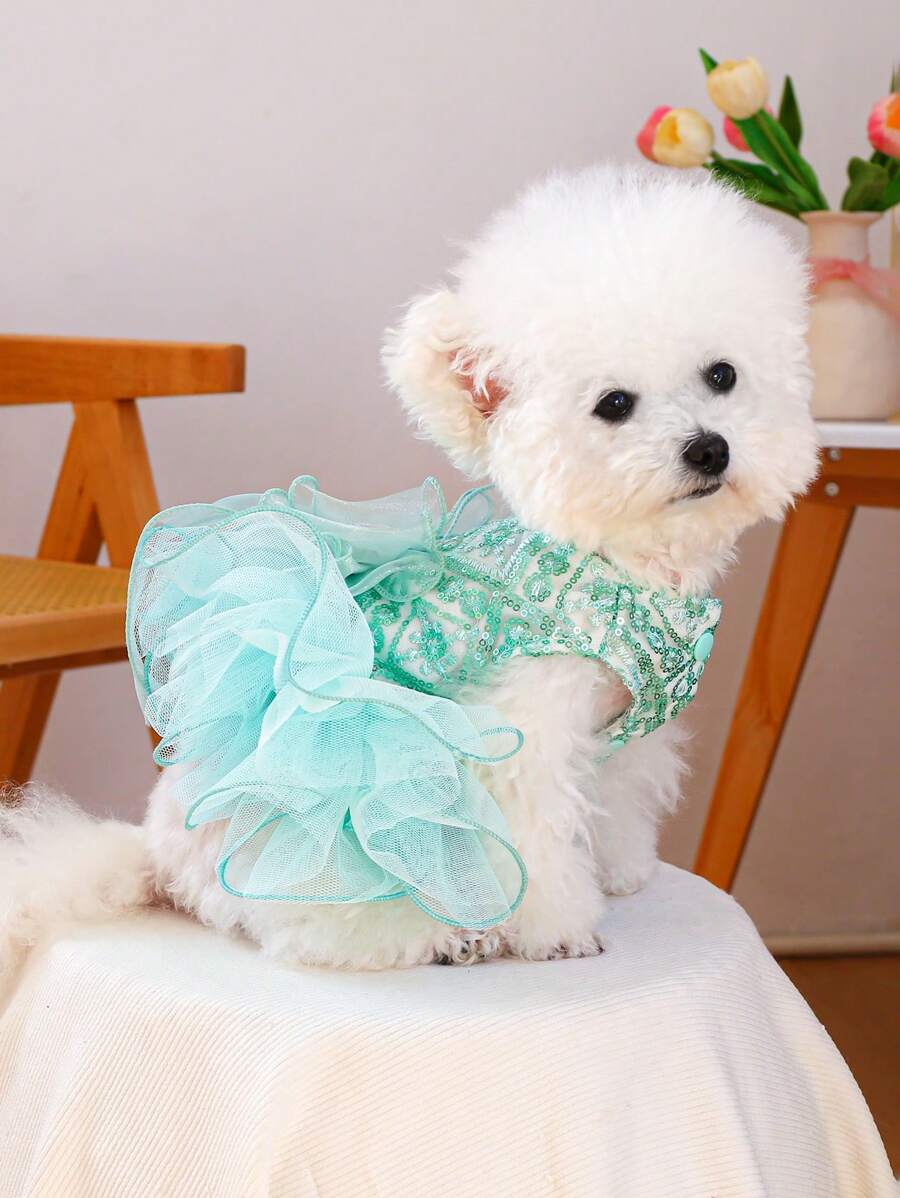 PETCIRCLE 1pc Pet Clothes Small Dog Puppy Cute Pet Multi-Layer Tulle Tutu Dress Sequin Bow Dreamy Fairy Wedding Dress - Green - Green - View 1