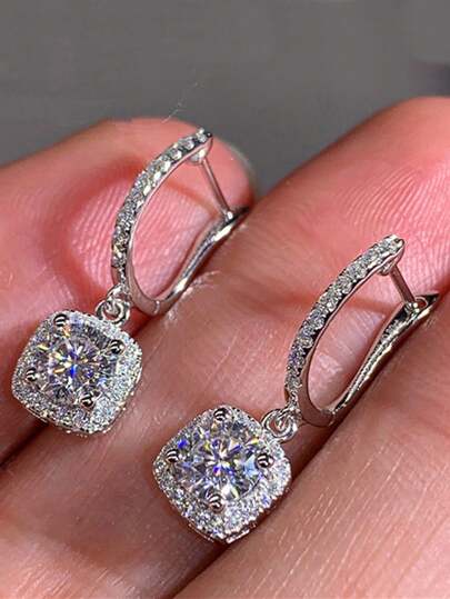 XUJIA 1Pair Halo Moissanite Hoop Earrings For Women 100% 925 Sterling Silver 6.5mm/8mm/9mm Moissanite D Color VVS1 Round Cut Dangle Drop Earrings Birthday Jewelry Gifts For Her, Moissanite Main Stone With Halo Cubic Zirconia