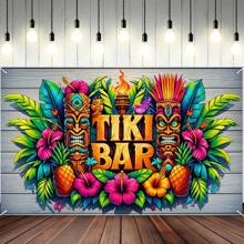 1 Vibrant Tiki Bar Tropical Floral And Totem Design Banner - Hawaiian Beach-Themed Backdrop Perfect For Party Decorations, Photo Booths, Outdoor And Garden Events
