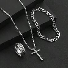 3pcs Stainless Steel Fashion Jewelry Set: Cross Pendant Necklace, Rotated Trim Ring And Chain Bracelet, Unisex Accessories - Silver - View 9