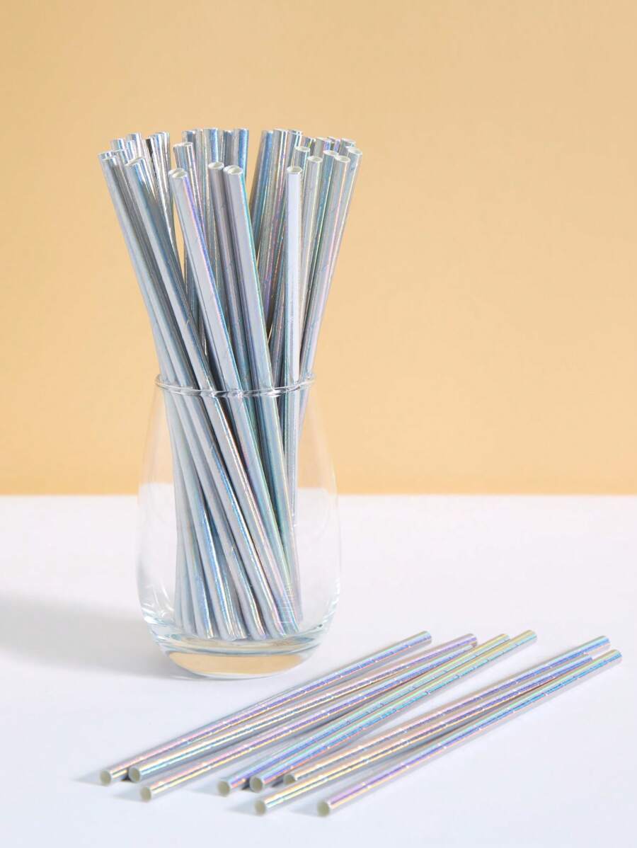 100/50/25/10pcs Disposable Paper Straws, Silver Pearlescent Film Paper Straws, Gradient Paper Straws, Candy Support Sticks, Suitable For Cocktails, Birthdays, Barbecues, Events And Celebrations - Multicolor - View 1