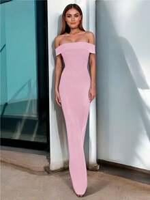 Women's Elegant Off Shoulder Wide Leg Evening Palazzo - Baby Pink - View 2