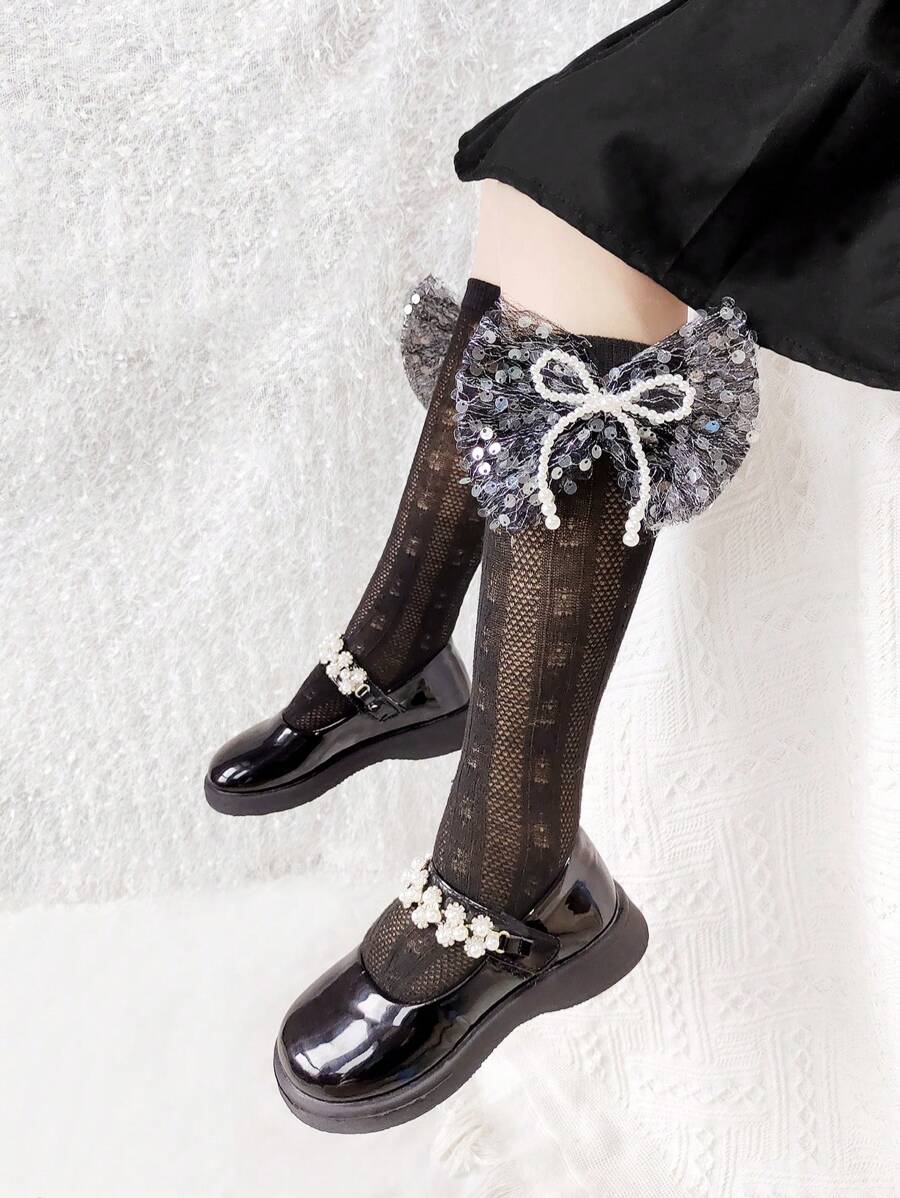 1 Pair Girls' Chiffon Bow Cute Mesh Socks - Black - View 1