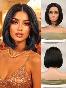 高品质 12 英寸中分黑色鲍勃短直发合成耐热纤维假发，适合女士假发，非常适合节日派对日常佩戴