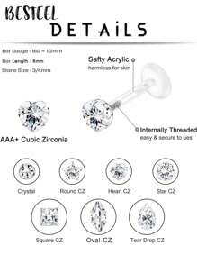 BESTEEL 1 pieza Pendiente de cartílago de hélix frontal, trágus de 16G con rosca interna, anillo Monroe para el labio de 8MM, joyería de piercing corporal