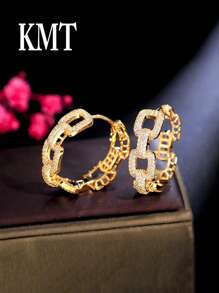 KMT 2pcs Copper Zirconia Geometric Chain Luxurious Creative Design Women's Fashion Hoop Earrings Gift Box, Suitable For Valentine's Day, Daily Date, Party Event