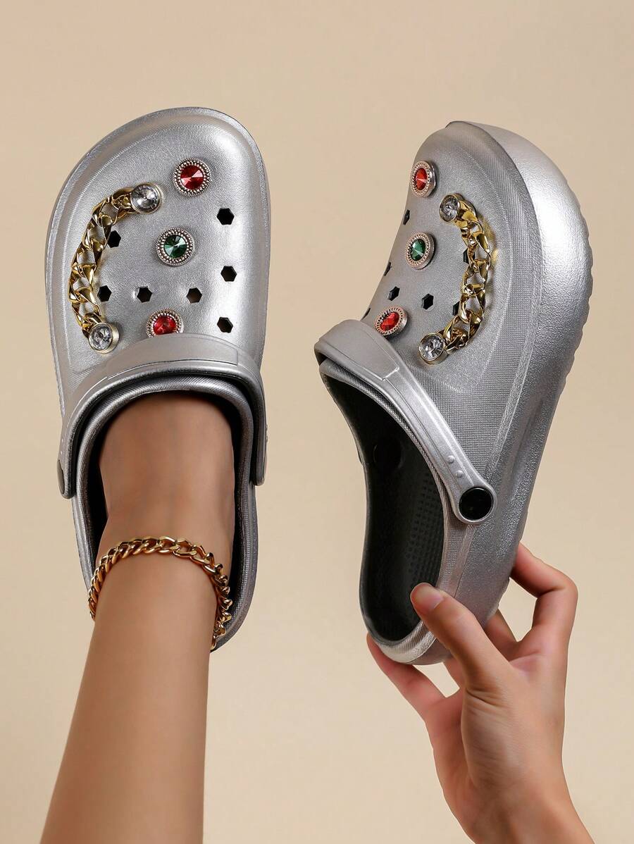 CIVHOM 可定制女士时尚拖鞋，舒适防滑轻便透气穿孔鞋，带闪亮装饰，适合各种节日和派对 - 銀色 - 查看 1