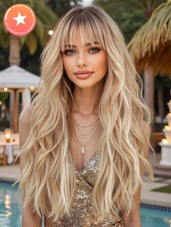 High Quality 26 "Long Blonde Curly Hair Synthetic Heat-Resistant Fiber Wig With Bangs Ladies Wig Is Perfect For Holiday Party Everyday Wear