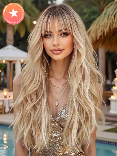 High Quality 26 "Long Blonde Curly Hair Synthetic Heat-Resistant Fiber Wig With Bangs Ladies Wig Is Perfect For Holiday Party Everyday Wear