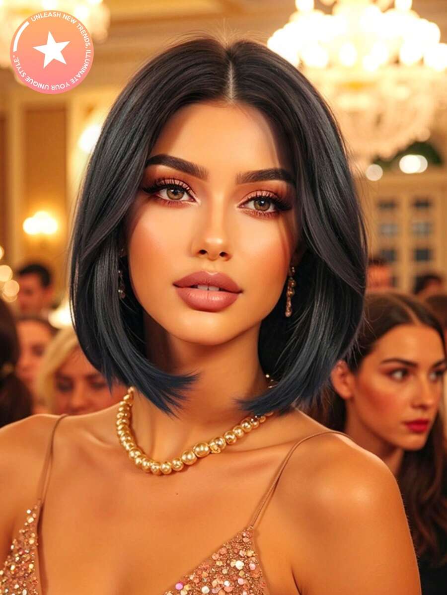 高品质 12 英寸中分黑色鲍勃短直发合成耐热纤维假发，适合女士假发，非常适合节日派对日常佩戴