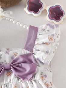 2 件装女婴甜美蝴蝶结字母印花上衣和荷叶边短裤套装，可爱优雅的街头风格 - 彩色 - 查看 4