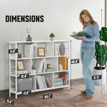 10 Cube Storage Organizer, 55" Wide 3 Tier White Industrial Open Shelf Bookcase, Display Shelf, Horizontal Bookshelf With Metal Frame, Wooden Board, For Living Room, Bedroom, Office