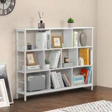 10 Cube Storage Organizer, 55" Wide 3 Tier White Industrial Open Shelf Bookcase, Display Shelf, Horizontal Bookshelf With Metal Frame, Wooden Board, For Living Room, Bedroom, Office