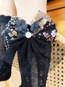 1 para dziewczęcych skarpetek z siateczki Pearl 3-warstwowej z kokardą w jednolitym kolorze