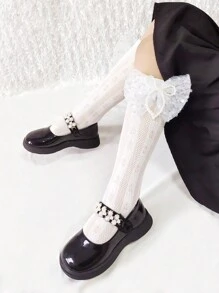 1 双女孩优雅缎面蝴蝶结网眼袜