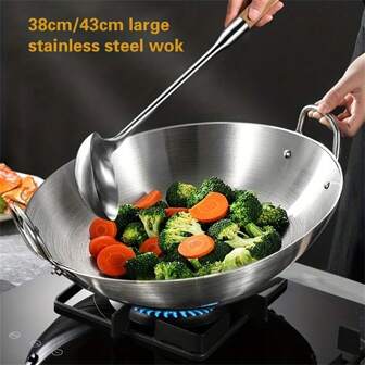 1pc, Double Ear Stainless Steel Frying Pan, Traditional Stainless Steel Wok - Perfect For Chinese Cooking And Healthy Frying - Multiple Sizes Available