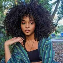 16 Inch Afro Kinky Curly Human Hair Wigs For Women With Bangs Natural Hairline Unprocessed Brazilian Virgin Glueless Human Hair Wig Natural Hairline Natural Color 180 Density Holiday Christmas New Year Valentine's Day