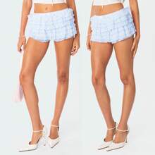 Womens Layered Ruffle Shorts Casual Tiered Elastic Waist Bow Front Solid Color Lace Going Out Streetwear Partywear - 淺藍色 - 查看 7