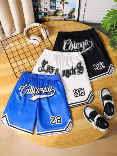 Set de 3 pantalones cortos deportivos de secado rápido y transpirables con estampado de Los Ángeles, California y Chicago para niños preadolescentes, para primavera/verano