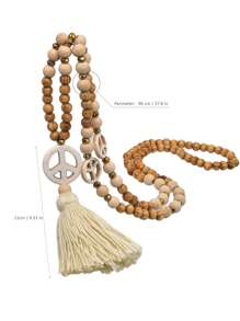 Bohemian Style Peace Sign Wooden Bead Long Necklace With Retro Tassel Pendant, Special Accessory For Sweaters - Multicolor - View 9