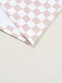 Acelitt Colorblock Checkerboard Print Ribbed Slim Fit Round Neck Short Sleeve T-Shirt, Summer Casual Pink - Pink - View 8