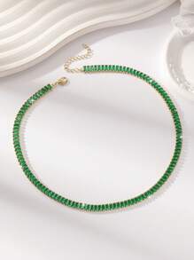 1pc Vintage Charm Elegant Versatile Sparkling Cubic Zirconia Geometric Brass Necklace Choker For Women And Girls, Daily Wear, Teacher's Day, Mother's Day, Valentine's Day, Goddess Day, Thanksgiving, New Year Gift - Dark Green - View 6