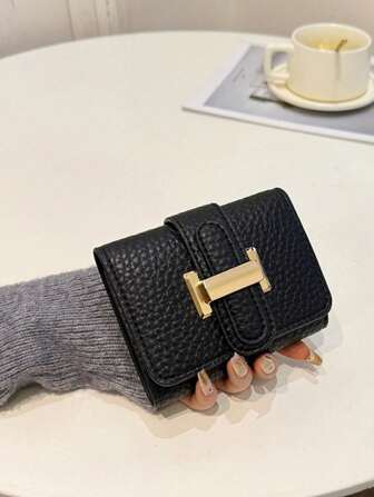 3 折女式翻盖按扣短款经典黑色千鸟格多卡位防 RFID 银行卡钱包，时尚复古小巧钱包