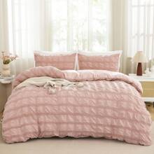 3 Pieces Pink Pinch Pleat Duvet Cover Bedding Set Luxury Bedding Set With 2 Pillowcases Double King Size Seersucker Quilt Cover Zipper Closure, Suitable For Wedding Items, Valentines Day Home Bed Room Decor, Easter Gifts, Mothers Day Gift, All Season - Màu hồng sọc - Xem 1