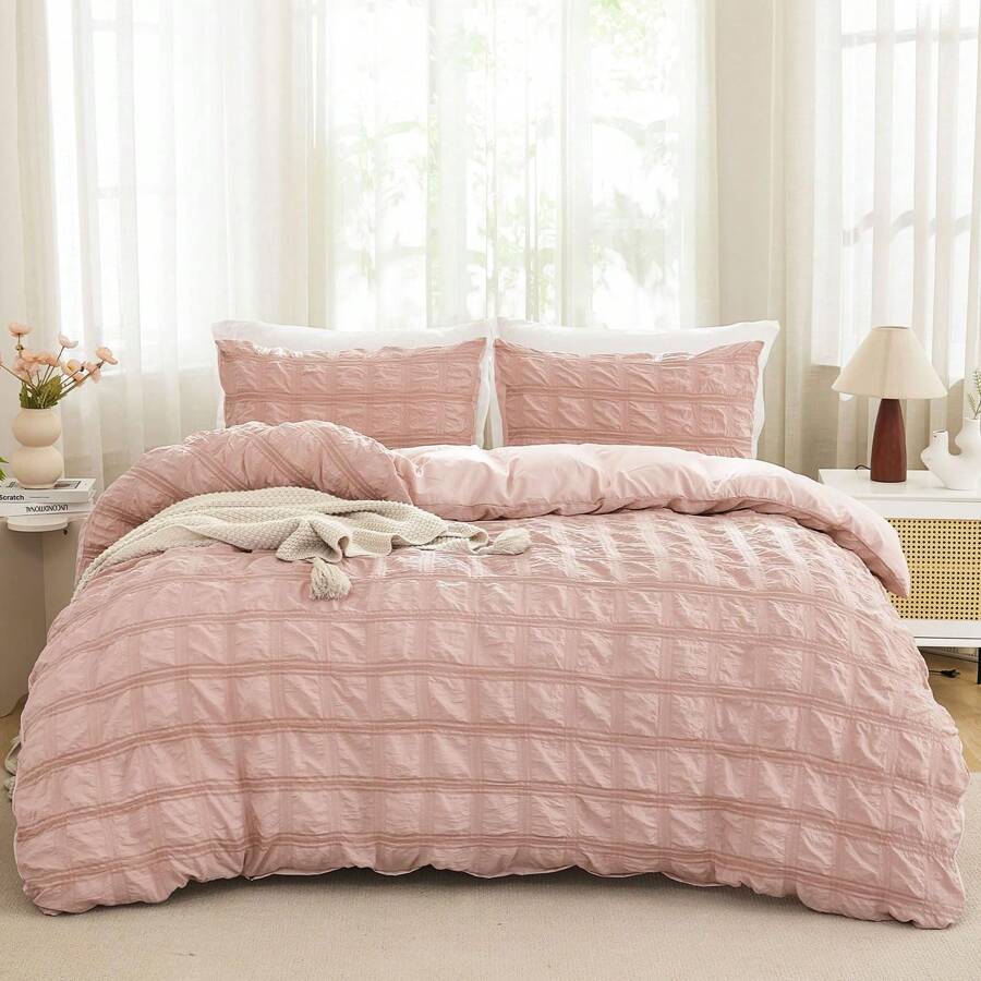 3 Pieces Pink Pinch Pleat Duvet Cover Bedding Set Luxury Bedding Set With 2 Pillowcases Double King Size Seersucker Quilt Cover Zipper Closure, Suitable For Wedding Items, Valentines Day Home Bed Room Decor, Easter Gifts, Mothers Day Gift, All Season - Màu hồng sọc - Xem 1